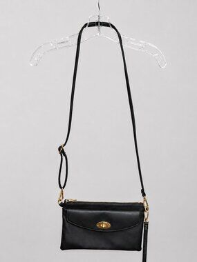 Black Leather Crossbody Bag Minimal Flap Gold Accent Classic Shoulder Bag